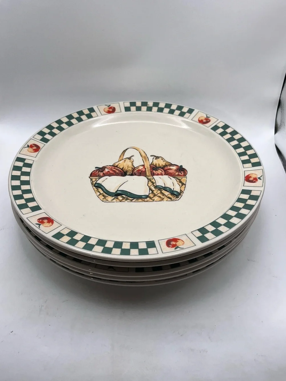 Gibson Cream Dinner Plate with Green Check Rim and Fruit Basket